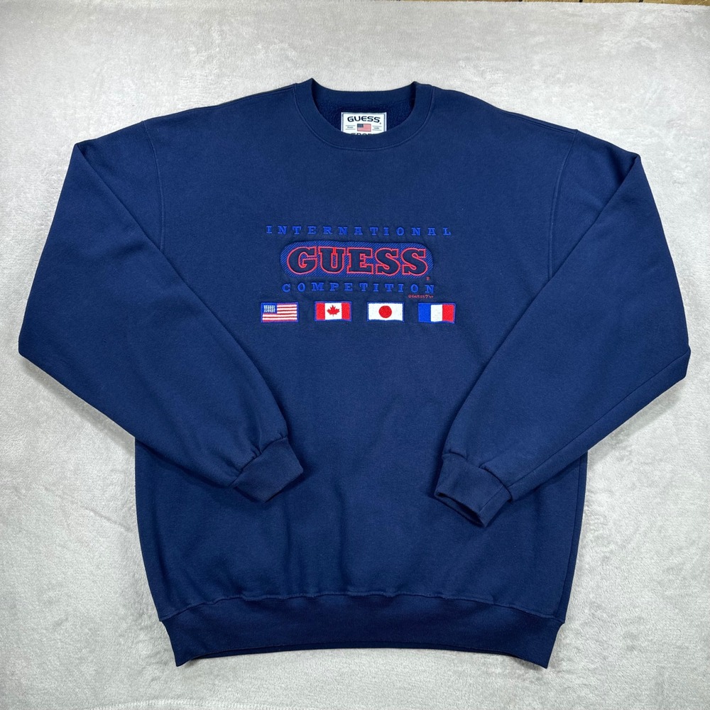 Vintage Guess Sport Sweatshirt Mens XL Blue Crewneck International Flags 1997